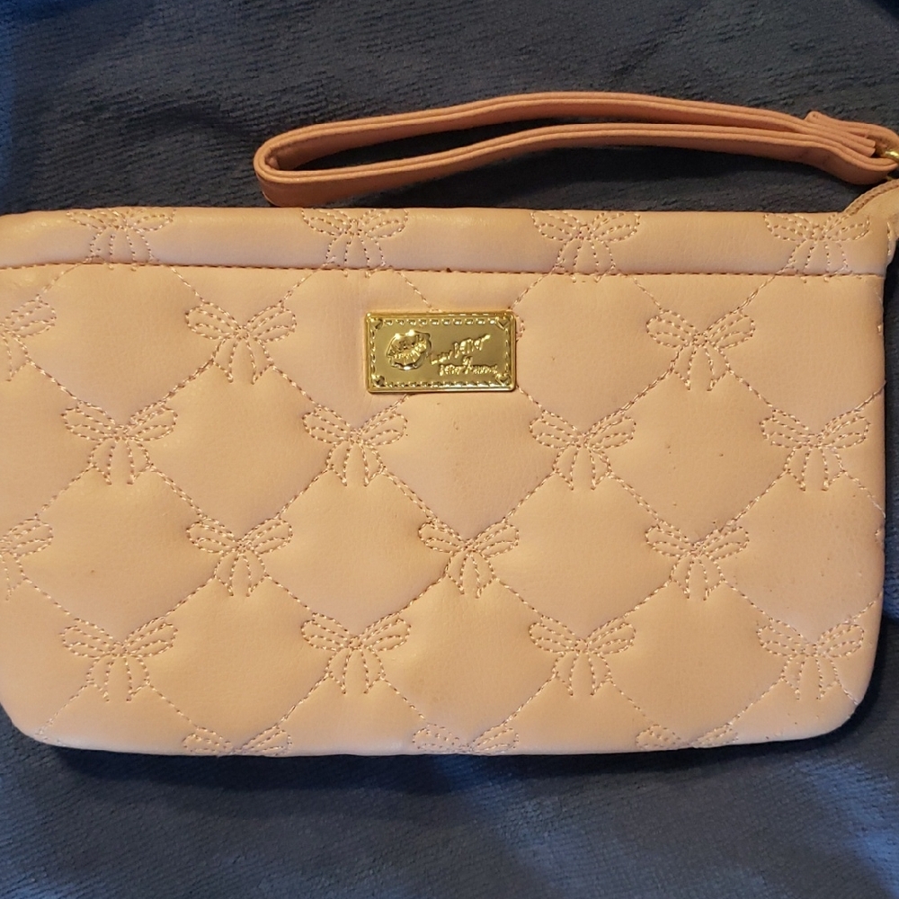 Betsey Johnson Peach Quilted Wristlet Clutch with Gold Plaque